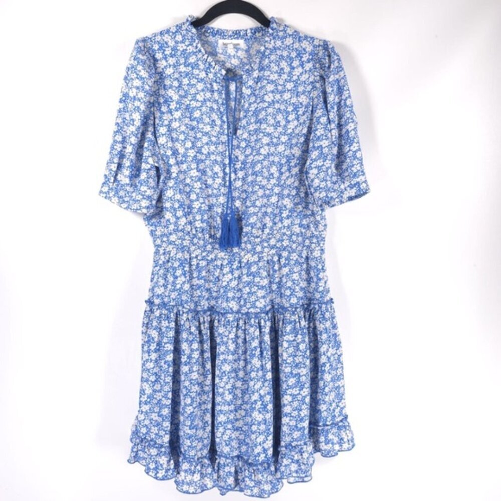 Heartloom Mariel Blue White Floral Mini Dress Ruffled‎ Skirt Tassels MEDIUM